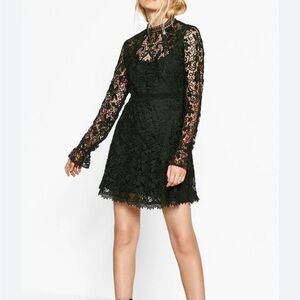 Lace Green Zara cocktail long sleeve boho coquette Dress built in Slip Large